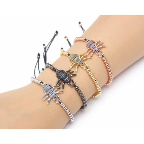 Gold silver micro pave cz Cubic Zirconia rope adjusted Copper Beads Bracelet rh3 Spider insect Charm Braided Bangles Women