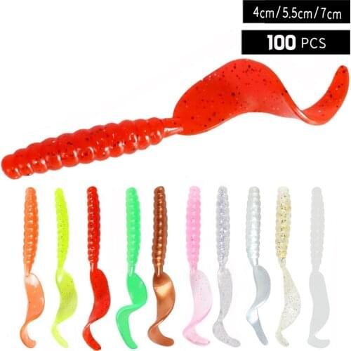 100pcs Lu Ya Soft Bait Single Tail Soft Maggot Curl Tail Fake Fishing Bait Bionic Soft Insect 4cm5.5cm7cm Sequins 0.65g/1.1g/2g