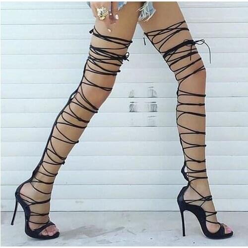 2017 Hot Sexy Black Cut Out Gladiator Over The Knee High Heels Women Sandals Boots New Lace Up Women Thigh High Boots