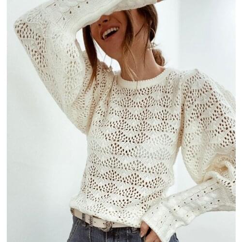 2021 Women Vintage Clothes Loose Style Knit Sweater Beige Solid Color Round Collar Balloon Sleeves Knitwear S/ M/ L/ XL