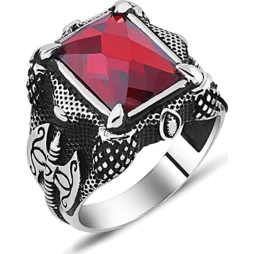 925 sterling Silver Axe Detailed Red Zircon Stone Ring