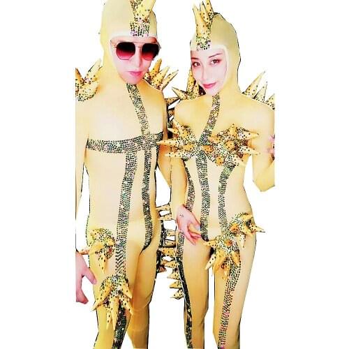 Shining Rhinestones Skinny Stretch Men Women Bodysuits Long Leotard Nightclub Dance DS Show Wear Halloween Role Playing Costumes