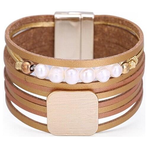ORNAPEADIA Bohemian Fashion Multi-layer Wide Side Bracelet for Women Leather Double Color Matching Pearl Bracelet Wholesale