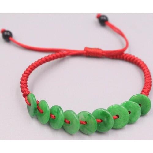 1PCS Real Natural Jade Jadeite Bracelet Round Green Safety Button For Women And Men Red Rope Weave Lucky Bracelet 6.3''L