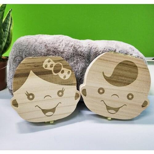 Wooden Baby Kids Tooth Storage Box English/Spanish/French/Russian/Italian Teeth Umbilical Lanugo Organizer Gift Keepsakes Save