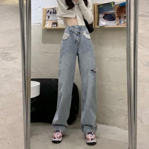 ALLNeon Y2K Fashion High Waist Ripped Jeans Vintage E-girl Aesthetics Hole Wide-leg Baggy Pants 90s Streetwear Denim Trousers