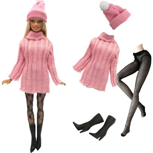 NK 4 Items/Set Doll Dress Fashion Model Coat Outfit Daily Sweater Hat+Shoe+Stocking For Barbie Doll Accessories Baby Toys 04A DZ
