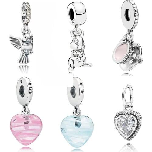NEW 100% 925 Silver Jewelry Shiny Love Pendant Charming Cup Shake Blue Pink Ribbon Heart Pendant For Original Bracelet