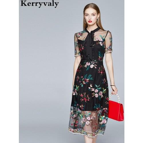 Summer French Ladies Embroidered Mesh Dress Vestidos Mujer Verano 2021 Robe Vintage Lace-up Round Neck Midi Party Dress K9226
