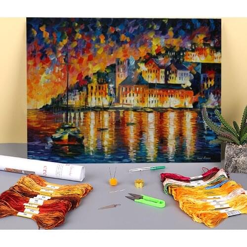 Night Harbor Printed Fabric 11CT Cross Stitch Complete Kit DIY Embroidery DMC Threads Handiwork Painting Craft Stamped