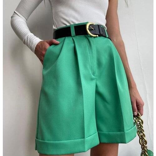 New 2021 Wide Leg Loose Bermuda Shorts For Women High Waist Purple Or Black Cotton Shorts Free Belt High Quality Bermuda Femme