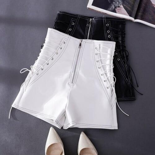 PU Leather Shorts Women Sexy High Waist Lace Up Black Leather Shorts Summer Bodycon Sexy Ladies Party Street Punk Casual Shorts
