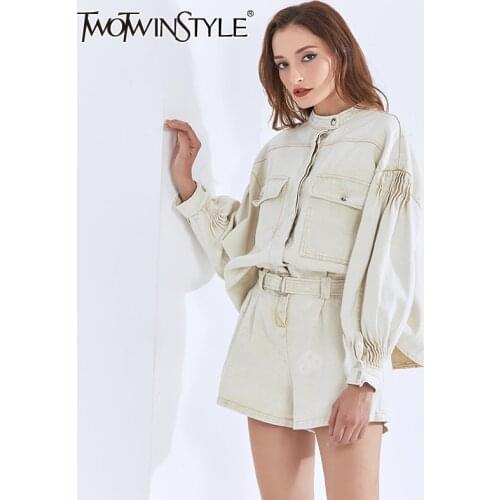 TWOTWINSTYLE Casual Two Piece Set For Women Stand Collar Lantern Long Sleeve Tops High Waist Shorts Loose Sets Female 2020 Tide