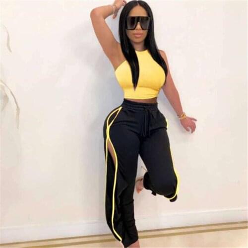 Women Sexy 2-Piece Athletic Tracksuit Summer Sleeveless Solid Color Umbilical Vest Side-opened Sport Straight Pants Jogging Suit