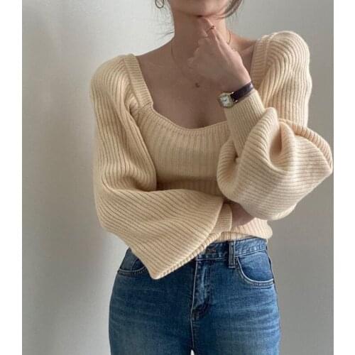Herstory Korean Cropped Sweater Pullovers Fall Winter Knitted Long Sleeve Top Casual Pull Vintage Fashion Female Jumper Suter