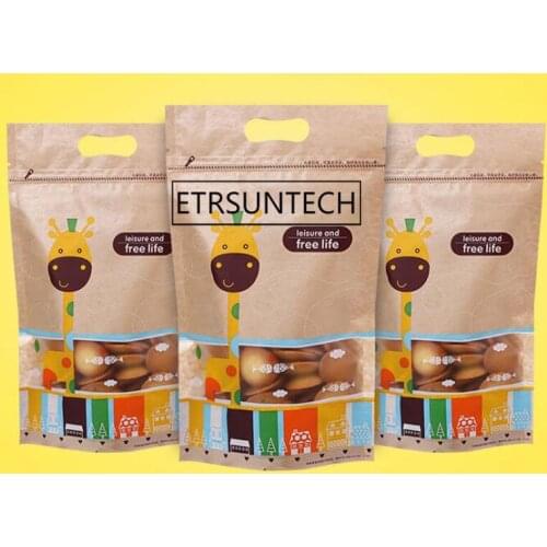 1000Pcs Stand Up Kraft Paper Package Bag with Colour Deer Drawing Seal Food Nuts Packing Bag with Handle