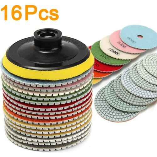 16pcs/Set Diamond Polishing Pads 4 Inch 100mm Wet/Dry Grinding Discs Kit for Granite Stone Concrete Marble Polishing Use