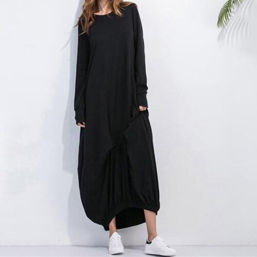 2020 Women Solid Maxi Dress Spring Ladies Long Sleeve Round Neck Casua Loose Irregular Dress Female Plus Size 5 Color