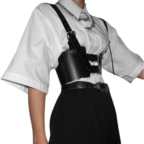 2021 Women PU Leather Vest Personalized Street Tops Hollow Party Casual Holidays Adjustable Strap Leather Waistband Shagn Top