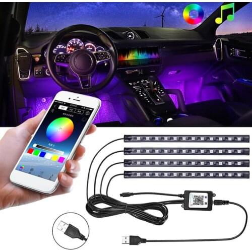 4Pcs Car Interior RGB Decorative Light Bar Light Strip LED Atmosphere Lights Neon w/Music Control Car Foot Lamp Ambient Llight