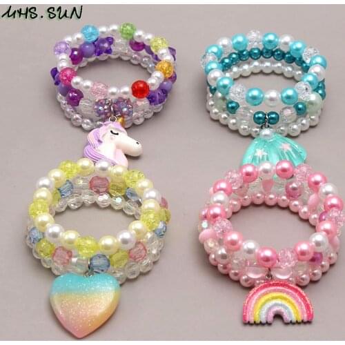MHS.SUN Cute Heart/Shell/Unicorn/Rainbow Pendant Beads Bracelets For Girls Baby Elastic Beaded Jewelry Bracelet 3Pcs Colorful