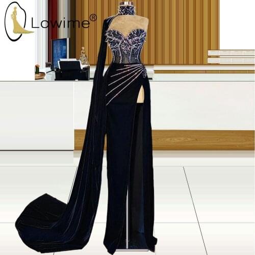 Dubai Black Long Mermaid Evening Dresses 2021 Sparkly Sequins Beads Prom Party Gowns with High Split