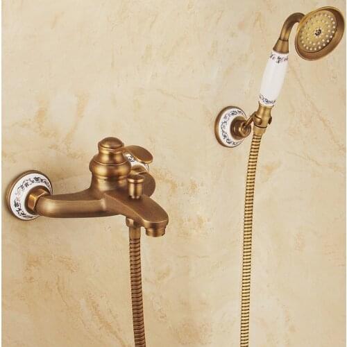 European Style Antique Retro Carved Bathroom Shower Faucet Brass Luxury Shower Set with Hand Shower Antique Bathtub Crane