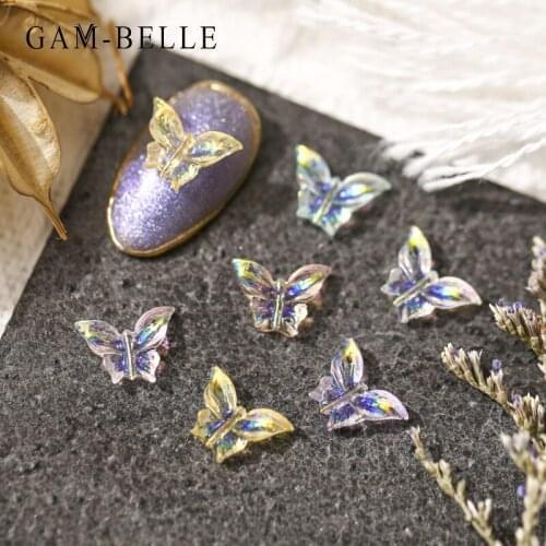 GAM-BELLE Holographic 3D Butterfly Aurora Rhinestone for Nails Glitter AB Resin Nail Art Decoration Manicure Design Accessories