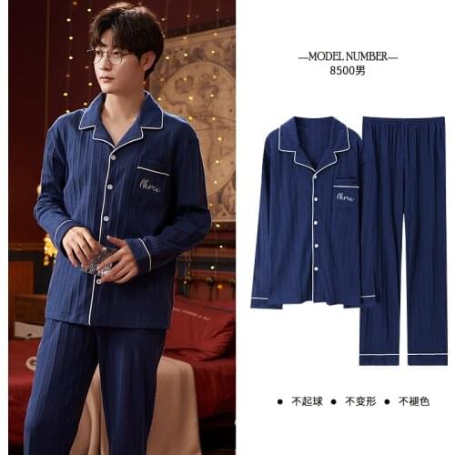 Cotton Thick Warm Winter Turn-down Collar Pajamas For Men Loose Homewear Simple White Letter Pocket Men Long Sleeves Sleepwear