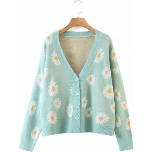 2021 Autumn New Knit Female Cardigan Loose Sweet Knit Sweater Coat Cute little Daisy V Neck knitted cardigan Women Jacket