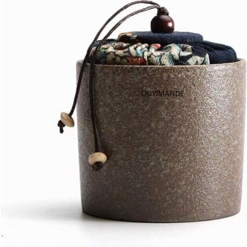 Japanese Style Ceramic Tea Caddy Mini Portable Travel Canister Coarse Pottery Storage Tank Sealed Cans Spice Jar Food Container