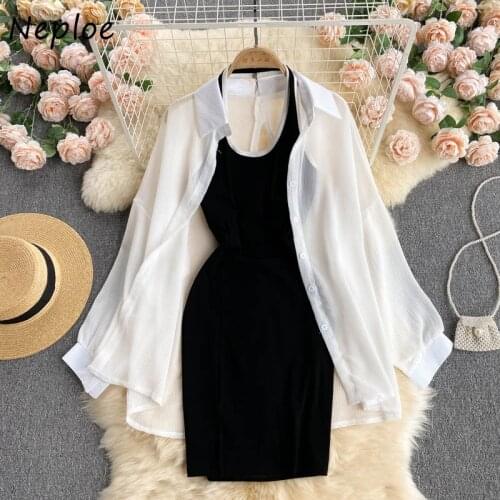 Neploe Summer Fashion Women Two Piece Suits Sun-protective Split Drawstring Shirts + Halter Bodycon Slim Mini Dress 2pcs Mujer