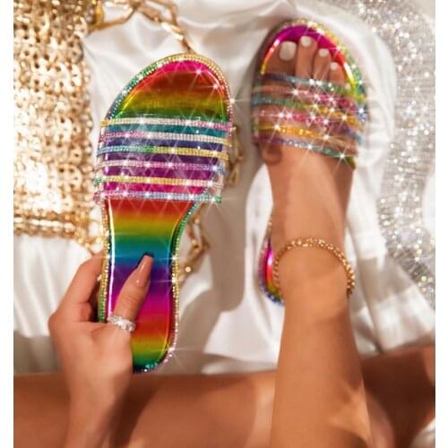 Summer new outdoor female beach slippers High-quality handmade fashion sexy Roman rhinestones plus size flat womens slippers