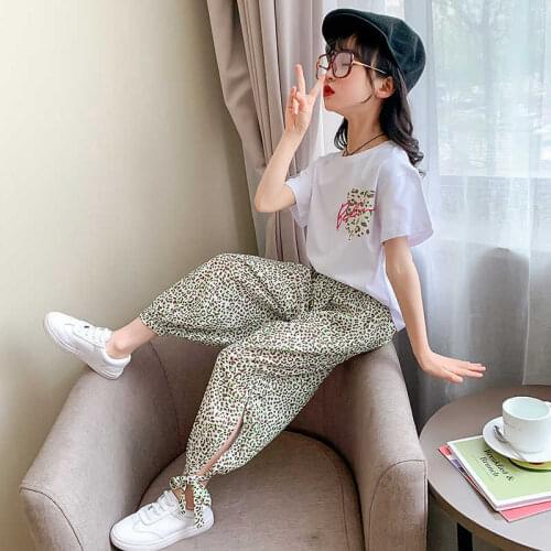 Girls summer new fashion suit Girls short sleeve T-shirt bloomers two-piece suit Girls casual two-piece suit