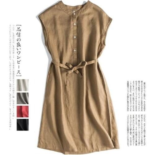 Linen Lace up round swing a standing collar half open mid length half sleeve dress 1220