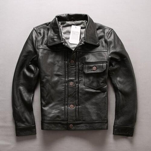 AVIREXFLY 2018 New Men Black Genuine Cow skin Leather Jacket Casual Single-breasted Cowhide Riding Biker Jackets Winter Coats