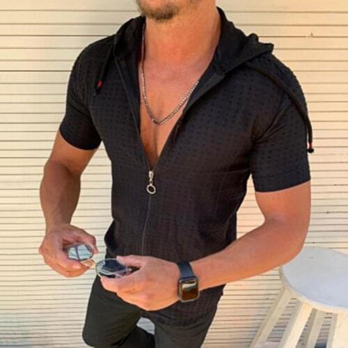 Men Casual Hooded Shirt Men Zipper Cardigan Mens Casual Shirt Short sleeve Formal Dress Shirts Men Plaid Print Clothing
