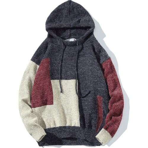 2019 New Autumn Western Street Stylish Pullovers Mens Color Patchwork Hooded Sweaters Kintted Casual Fashion Male Outerwear