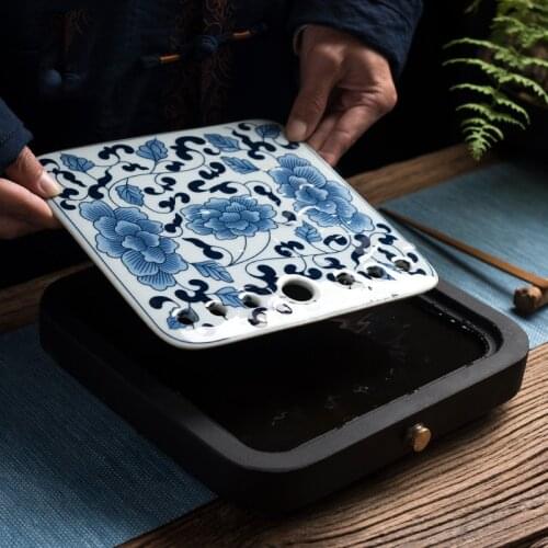 Black Stone Small Tea Tray Household Water Storage Drain Teapot Platform Japanese Style Office Ceramic Tea Tray with Tea Table