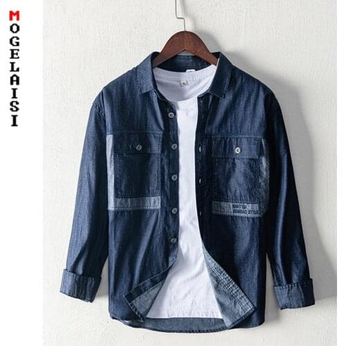 New Spring Denim shirt men Casual long sleeve Double pocket tops man 100% cotton blue shirts Camisa masculina Asian size 856