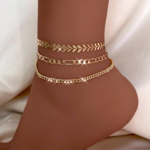 New Bohemia Golden Fishbone Chain Anklets Set For Women Multilayer Simple Metal Figaro Chain Anklet Bracelet Beach Party Jewelry