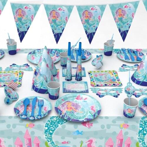 Mermaid Disposable Tableware Birthday Party Decorations Paper Plates Napkins Disposable Tablecloth Mermaid Party Supplies