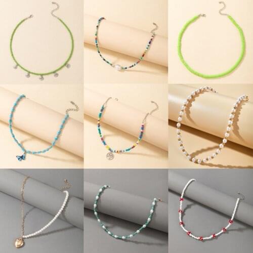 Tocona Colorful Beaded Necklace for Women Luxury Pearl Stone Mushroom Heart Handmade Clavicle Chain Choker Party Jewelry Collar