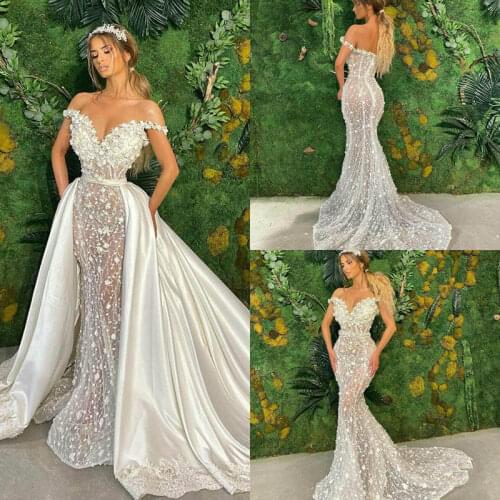 Luxury Mermaid Wedding Dresses With Detachable Skirt Lace 3D Floral Appliqued Country Wedding Dress Satin Custom Made Vestidos D