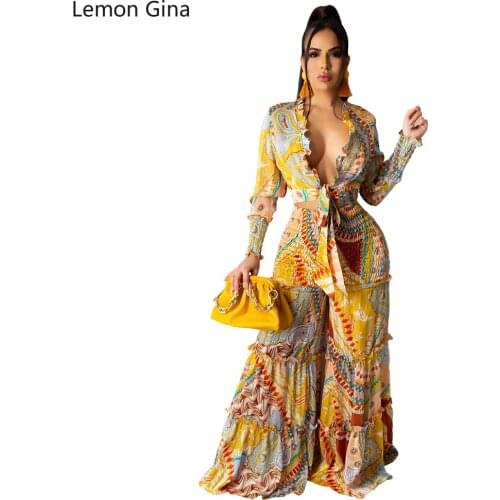 Lemon Gina Summer 2021 Chiffon Printed Long Sleeves Wide Legs Irregular Ladies' Casual Suit