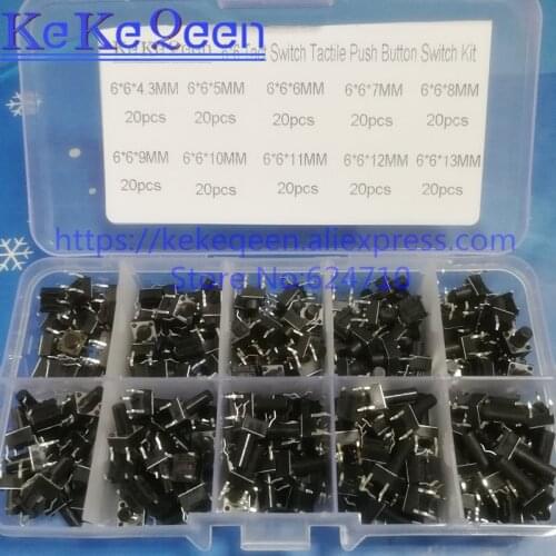 10 kinds 200pcs 6*6 Tact Switch Tactile Push Button Switch Kit, Height: 4.3MM~13MM DIP 4P micro switch 6x6 Key switch 6*6mm
