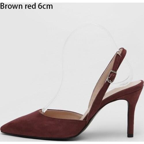 Spring and Autumn Asakuchi Heels Suede High Heels Pointed Toe Slingbacks Stiletto High Heel Pumps Red/Brown Red Size 33-42