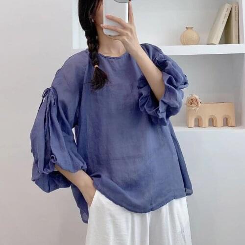 Johnature New Ramie Summer Women Tops 2021 Vintage Thin Petal Sleeve Solid Color Loose Tie O-neck Female Shirts