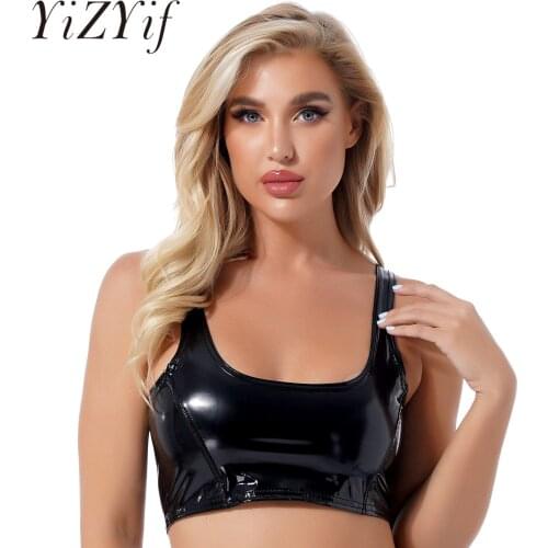 Womens Ladies Glossy U-Neck Back Zipper Cropped Tank Top Girls Summer Wet Look Patent Leather Sexy Fashion Camisole Streetwear