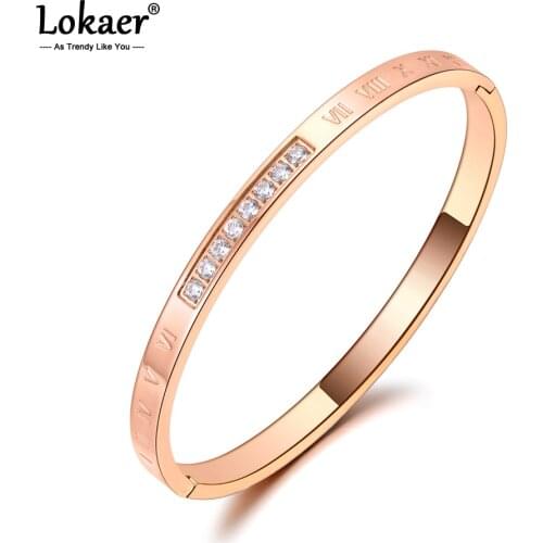 Lokaer Brand Trendy Roman Numerals Find Bangles For Women Stainless Steel Mosaic CZ Crystal Bracelet For Birthday Gifts B20022